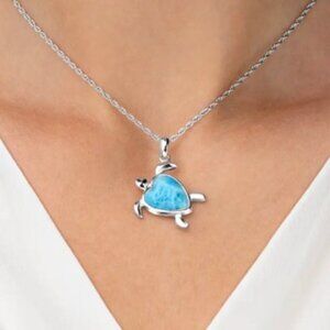 NWOT RARE Marahlago Larimar Gemstone Sterling Silver Sea Turtle Necklace
